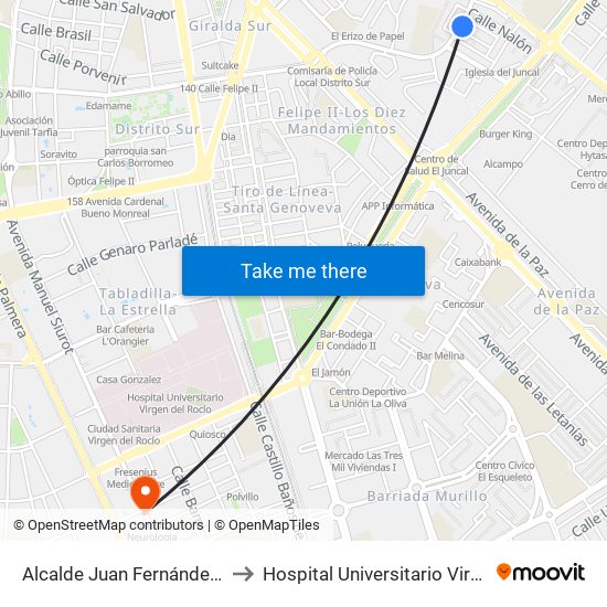 Alcalde Juan Fernández (El Juncal) to Hospital Universitario Virgen del Rocío map