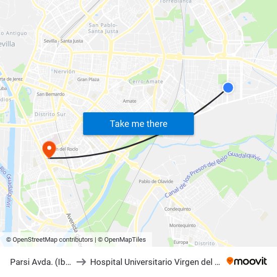 Parsi  Avda. (Ibiza) to Hospital Universitario Virgen del Rocío map