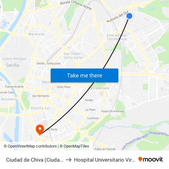 Ciudad de Chiva (Ciudad de Alfafar) to Hospital Universitario Virgen del Rocío map