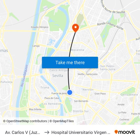 Av. Carlos V (Juzgados) to Hospital Universitario Virgen Macarena map