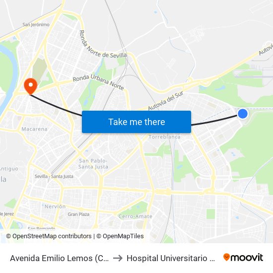 Avenida Emilio Lemos (Centro Comercial) to Hospital Universitario Virgen Macarena map