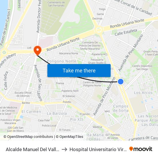 Alcalde Manuel Del Valle (San Diego) to Hospital Universitario Virgen Macarena map