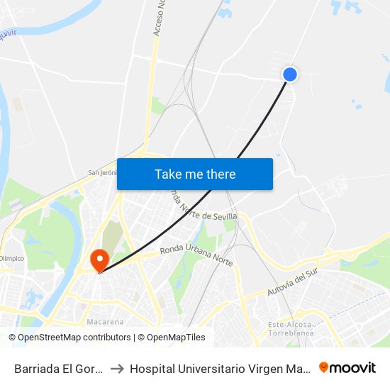 Barriada El Gordillo to Hospital Universitario Virgen Macarena map