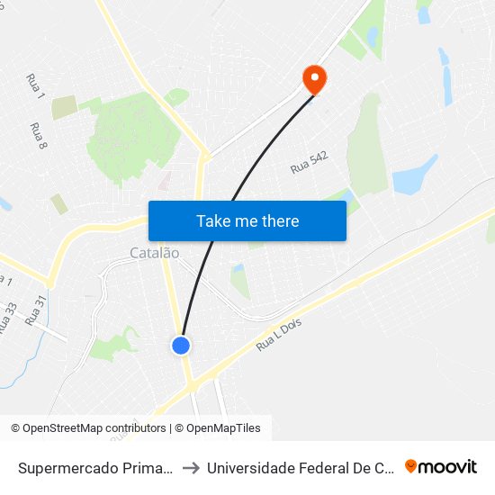 Supermercado Primavera | Parada 01 to Universidade Federal De Catalão - Campus 01 map