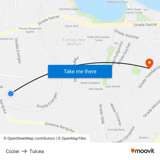 Coziei to Tulcea map