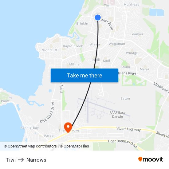 Tiwi to Narrows map