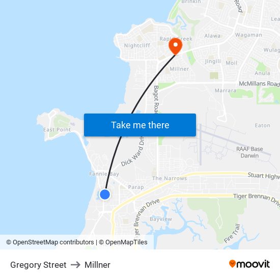 Gregory Street to Millner map