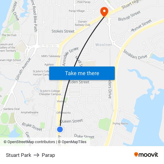 Stuart Park to Parap map