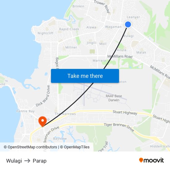 Wulagi to Parap map