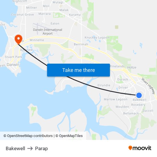 Bakewell to Parap map