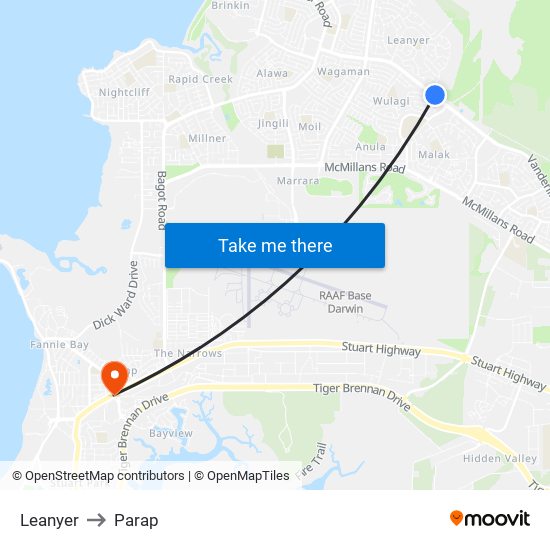 Leanyer to Parap map