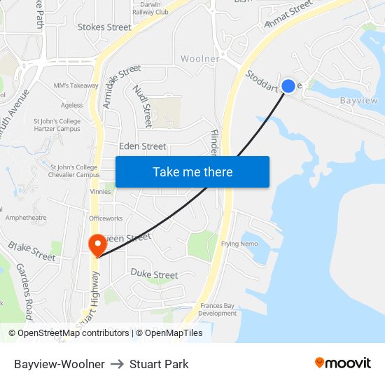 Bayview-Woolner to Stuart Park map