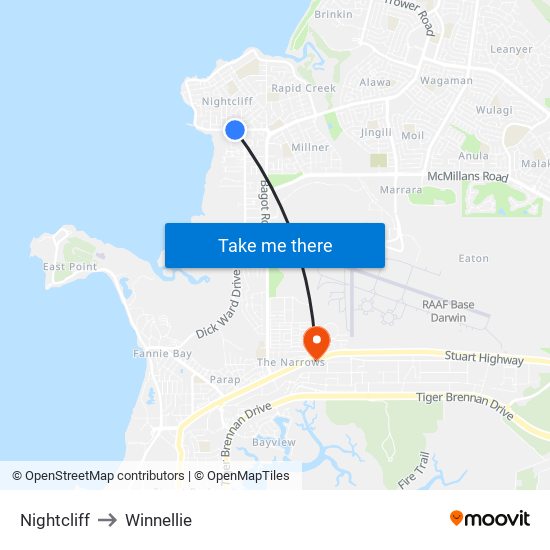 Nightcliff to Winnellie map