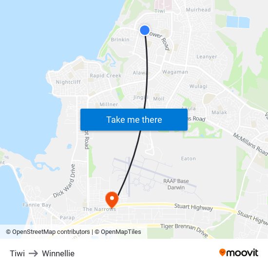 Tiwi to Winnellie map