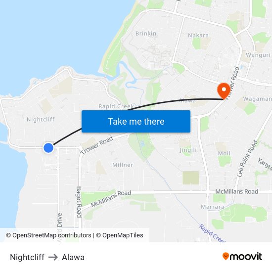 Nightcliff to Alawa map