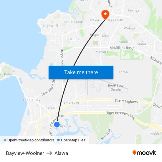 Bayview-Woolner to Alawa map