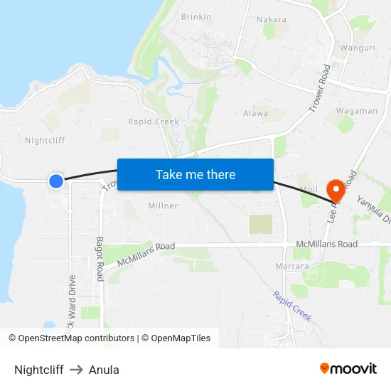 Nightcliff to Anula map