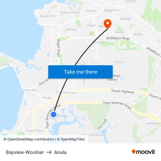 Bayview-Woolner to Anula map