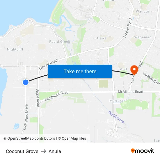 Coconut Grove to Anula map