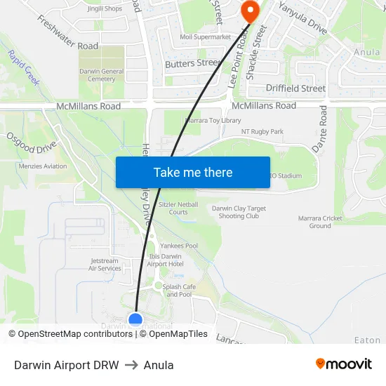 Darwin Airport DRW to Anula map