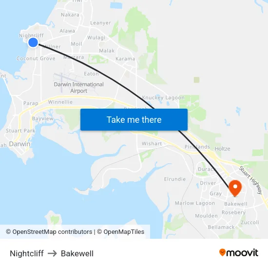Nightcliff to Bakewell map