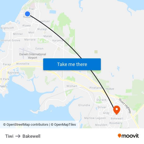 Tiwi to Bakewell map