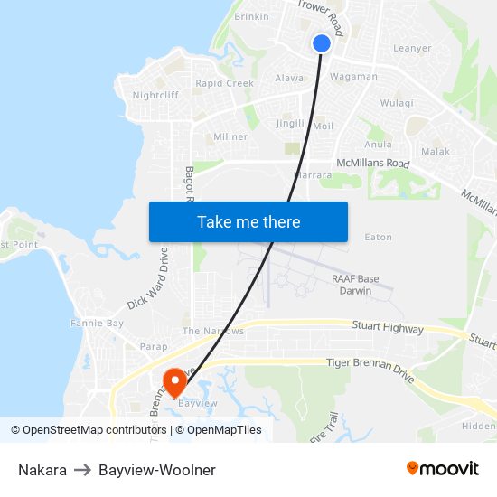 Nakara to Bayview-Woolner map