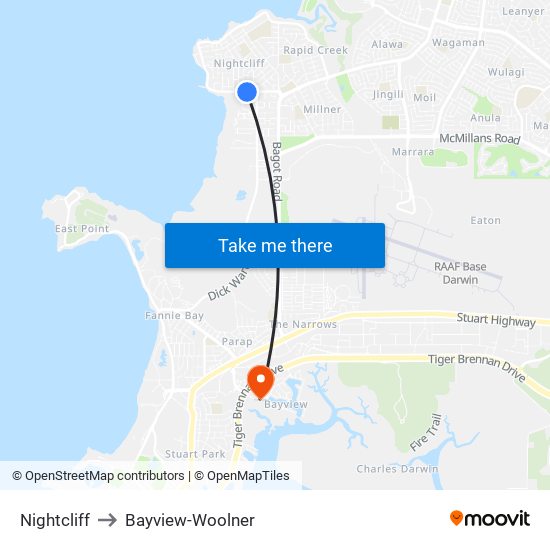 Nightcliff to Bayview-Woolner map