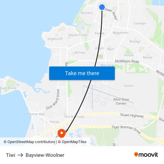 Tiwi to Bayview-Woolner map