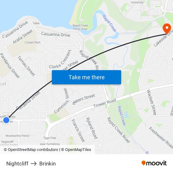 Nightcliff to Brinkin map