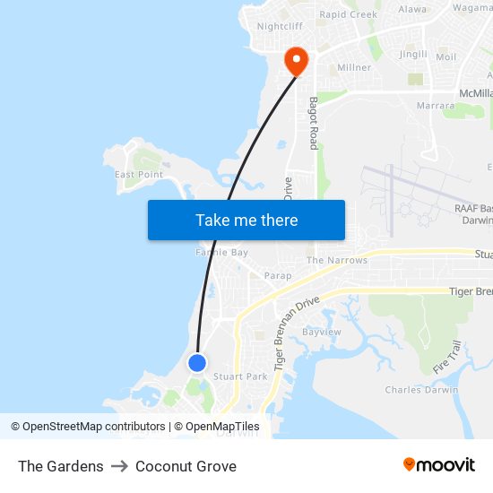 The Gardens to Coconut Grove map