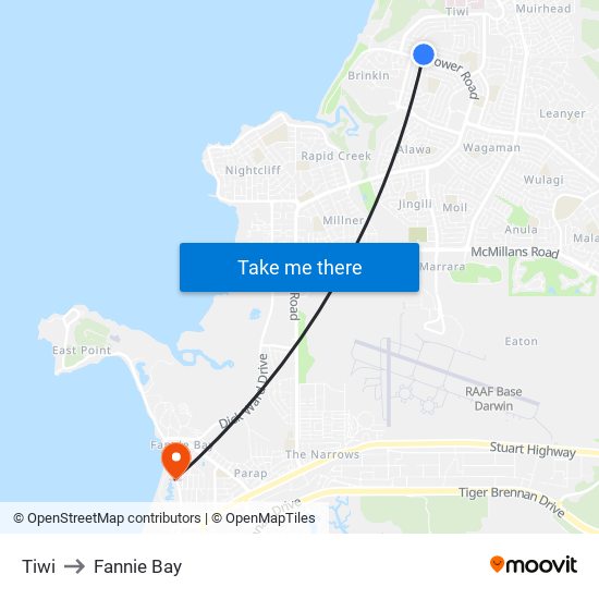 Tiwi to Fannie Bay map