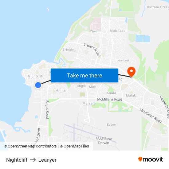 Nightcliff to Leanyer map