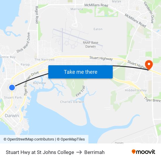 Stuart Hwy at St Johns College to Berrimah map
