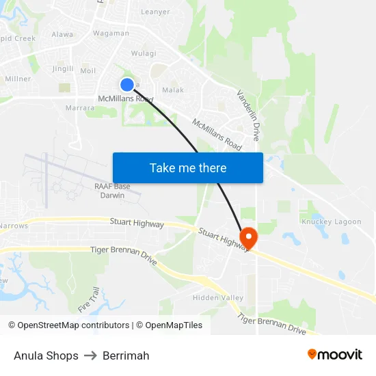Yanyula Dve at Anula Shops to Berrimah map