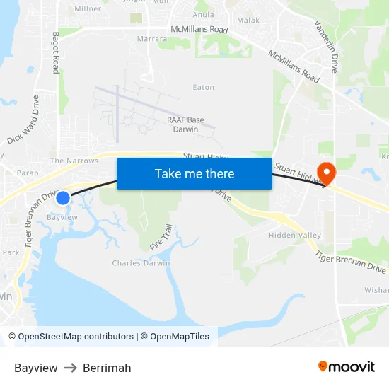 Bayview to Berrimah map