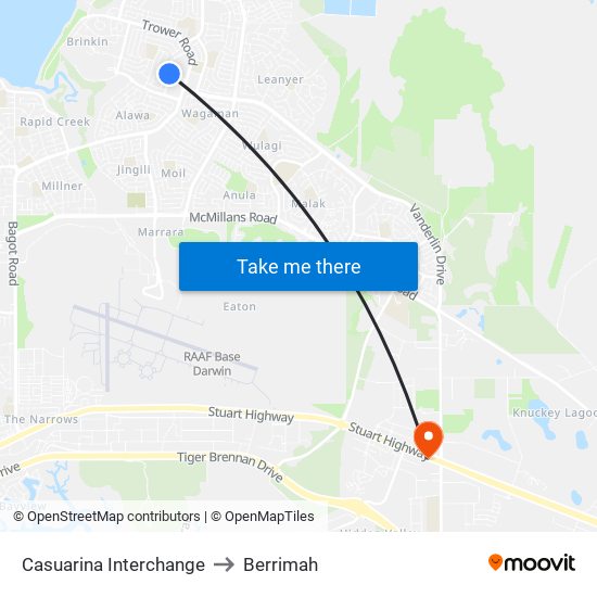 Casuarina Interchange to Berrimah map