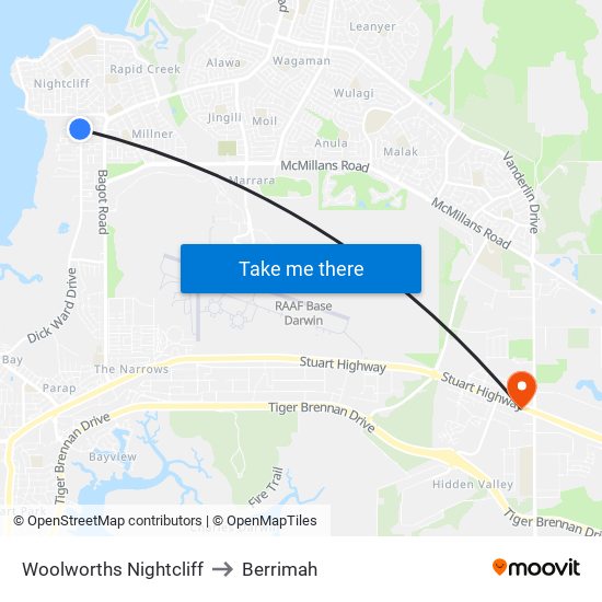 Woolworths Nightcliff to Berrimah map