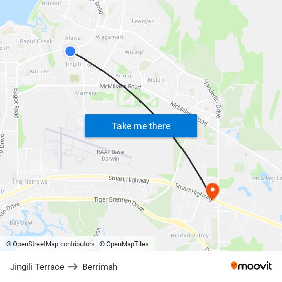 Jingili Terrace to Berrimah map