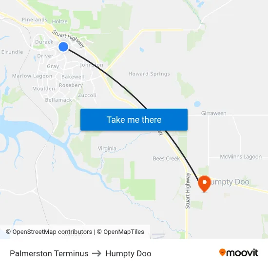 Palmerston Terminus to Humpty Doo map