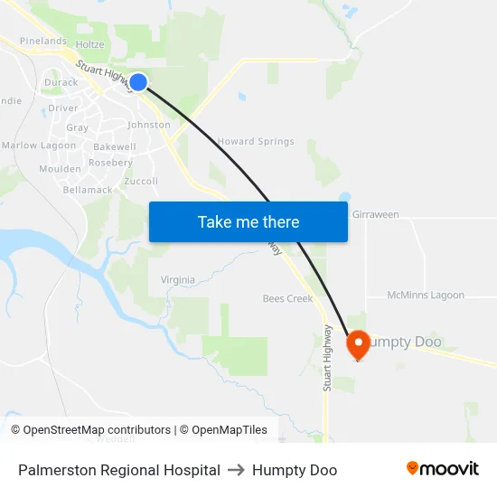 Palmerston Regional Hospital to Humpty Doo map