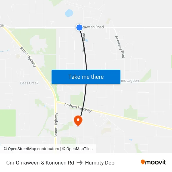 Cnr Girraween & Kononen Rd to Humpty Doo map