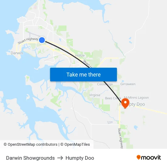 Darwin Showgrounds to Humpty Doo map