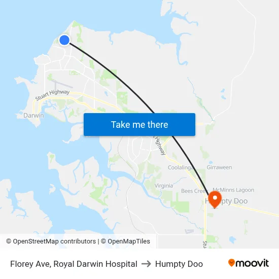 Florey Ave, Royal Darwin Hospital to Humpty Doo map