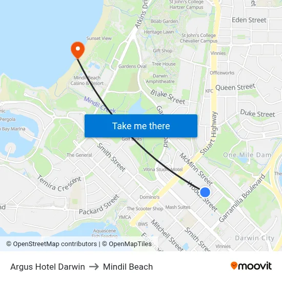 Argus Hotel Darwin to Mindil Beach map