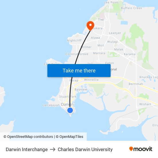 Darwin Interchange to Charles Darwin University map