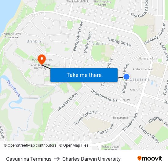 Casuarina Terminus to Charles Darwin University map