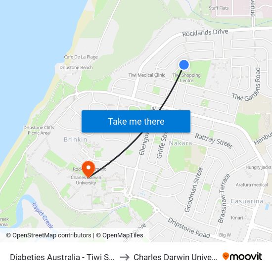 Diabeties Australia - Tiwi Shops to Charles Darwin University map