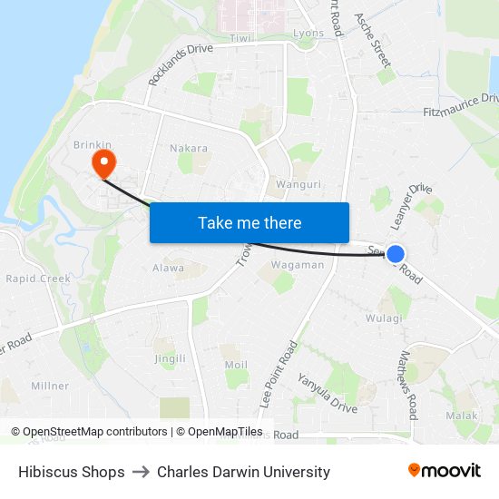 Hibiscus Shops to Charles Darwin University map