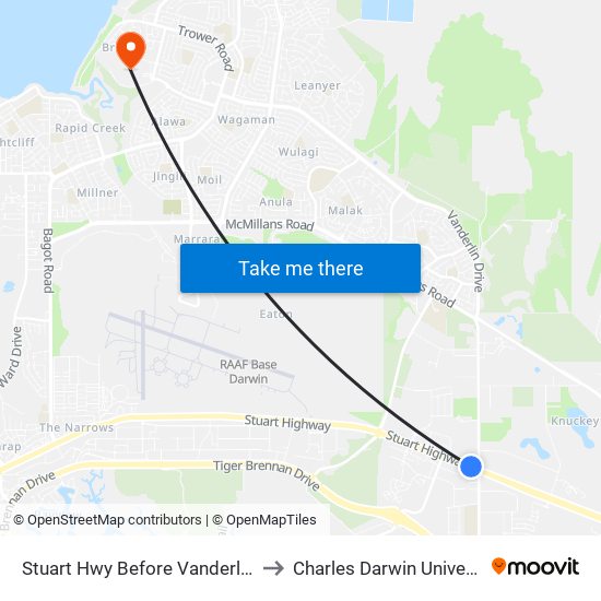 Stuart Hwy Before Vanderlin Dr to Charles Darwin University map